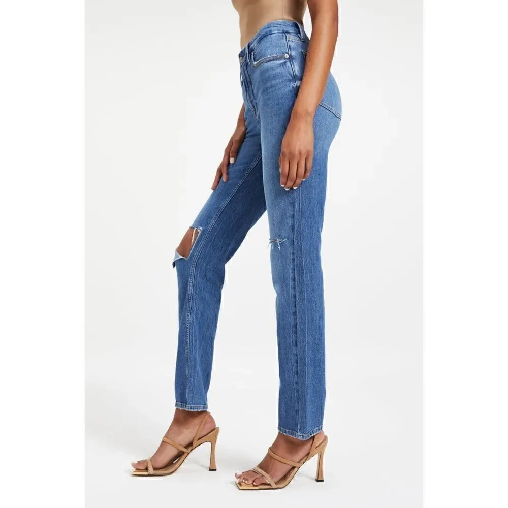 Good American Good 90s Icon Ripped Straight Leg High Rise Stretch Denim Jeans - Picture 3 of 16